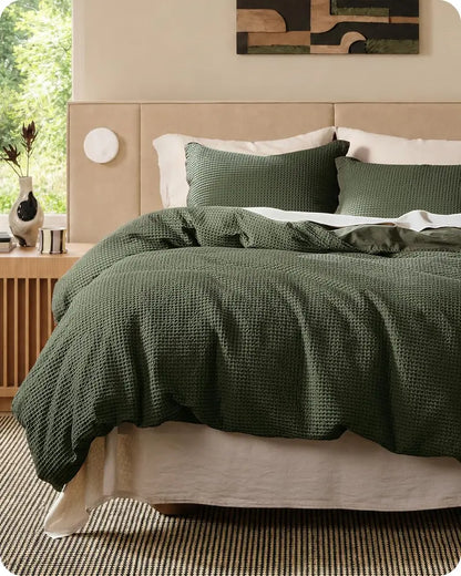 100% Cotton Waffle Duvet Cover Set, Breathable & Comfortable — Includes 1 Soft Comforter and 2 Pillowcases