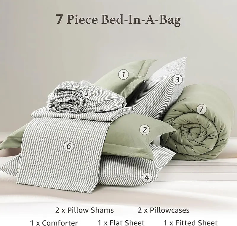 7-Pieces Microfiber Comforter Set, with Double Sided Storage Pockets, 1 Comforter, 2 Pillowcases, 2 Shams, 1 Flat & 1 Fitted Sheet