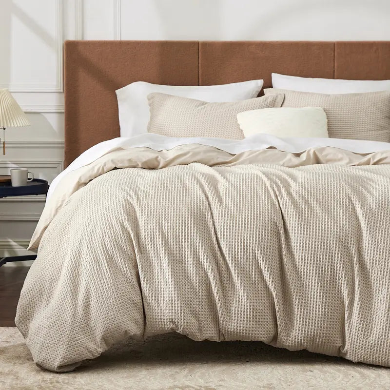 100% Cotton Waffle Duvet Cover Set, Breathable & Comfortable — Includes 1 Soft Comforter and 2 Pillowcases
