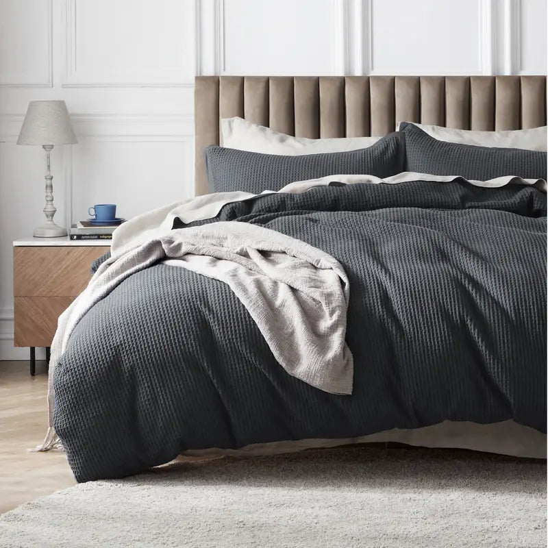 100% Cotton Waffle Duvet Cover Set, Breathable & Comfortable — Includes 1 Soft Comforter and 2 Pillowcases