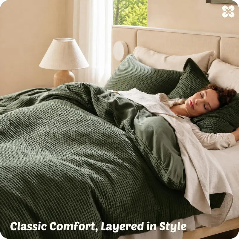 100% Cotton Waffle Duvet Cover Set, Breathable & Comfortable — Includes 1 Soft Comforter and 2 Pillowcases