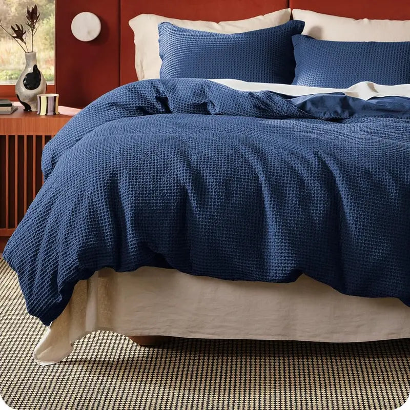 100% Cotton Waffle Duvet Cover Set, Breathable & Comfortable — Includes 1 Soft Comforter and 2 Pillowcases