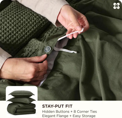 100% Cotton Waffle Duvet Cover Set, Breathable & Comfortable — Includes 1 Soft Comforter and 2 Pillowcases