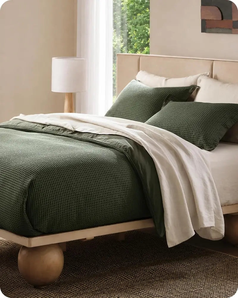 100% Cotton Waffle Duvet Cover Set, Breathable & Comfortable — Includes 1 Soft Comforter and 2 Pillowcases