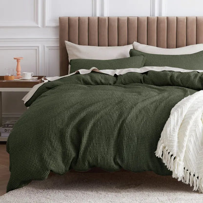 100% Cotton Waffle Duvet Cover Set, Breathable & Comfortable — Includes 1 Soft Comforter and 2 Pillowcases