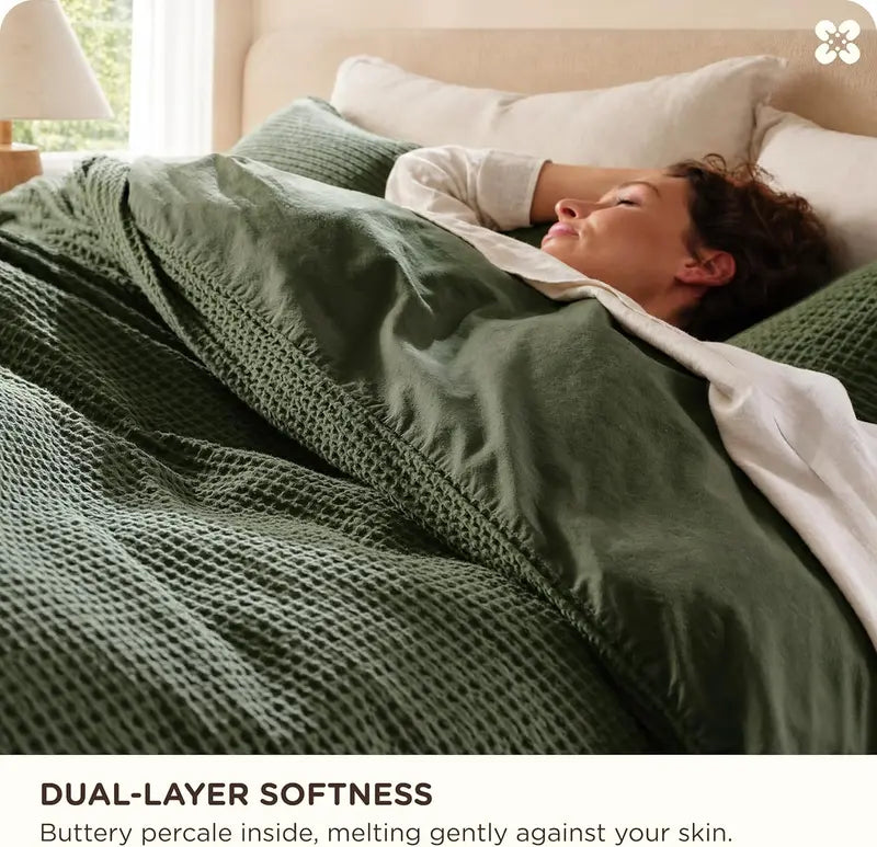 100% Cotton Waffle Duvet Cover Set, Breathable & Comfortable — Includes 1 Soft Comforter and 2 Pillowcases
