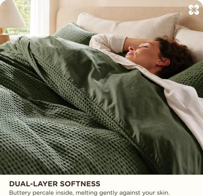 100% Cotton Waffle Duvet Cover Set, Breathable & Comfortable — Includes 1 Soft Comforter and 2 Pillowcases